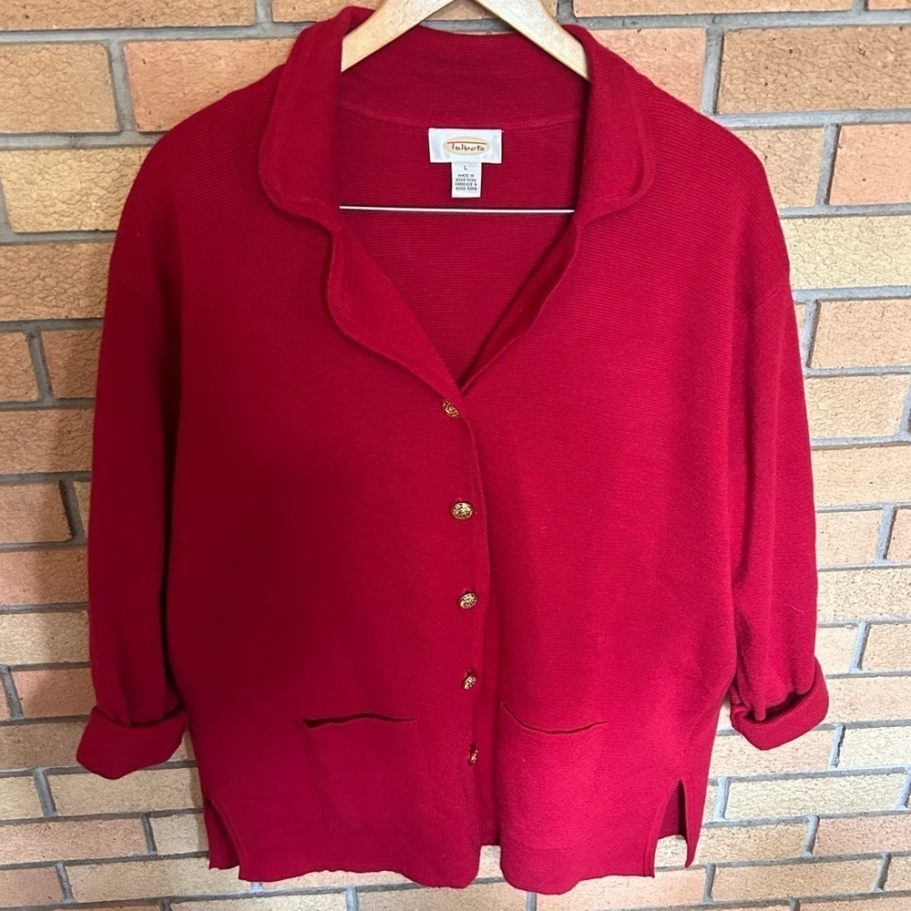 Vintage Talbot’s 100% Merino Wool Red Cardigan Gold Button Down Size Large